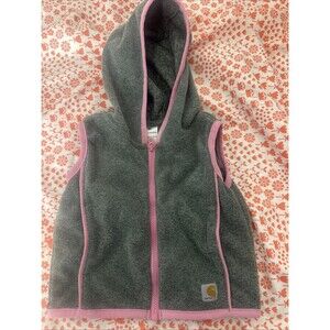 Carhartt Vest Baby Toddler 9M Gray Pink Hooded Sleeveless Full Zip Fleece